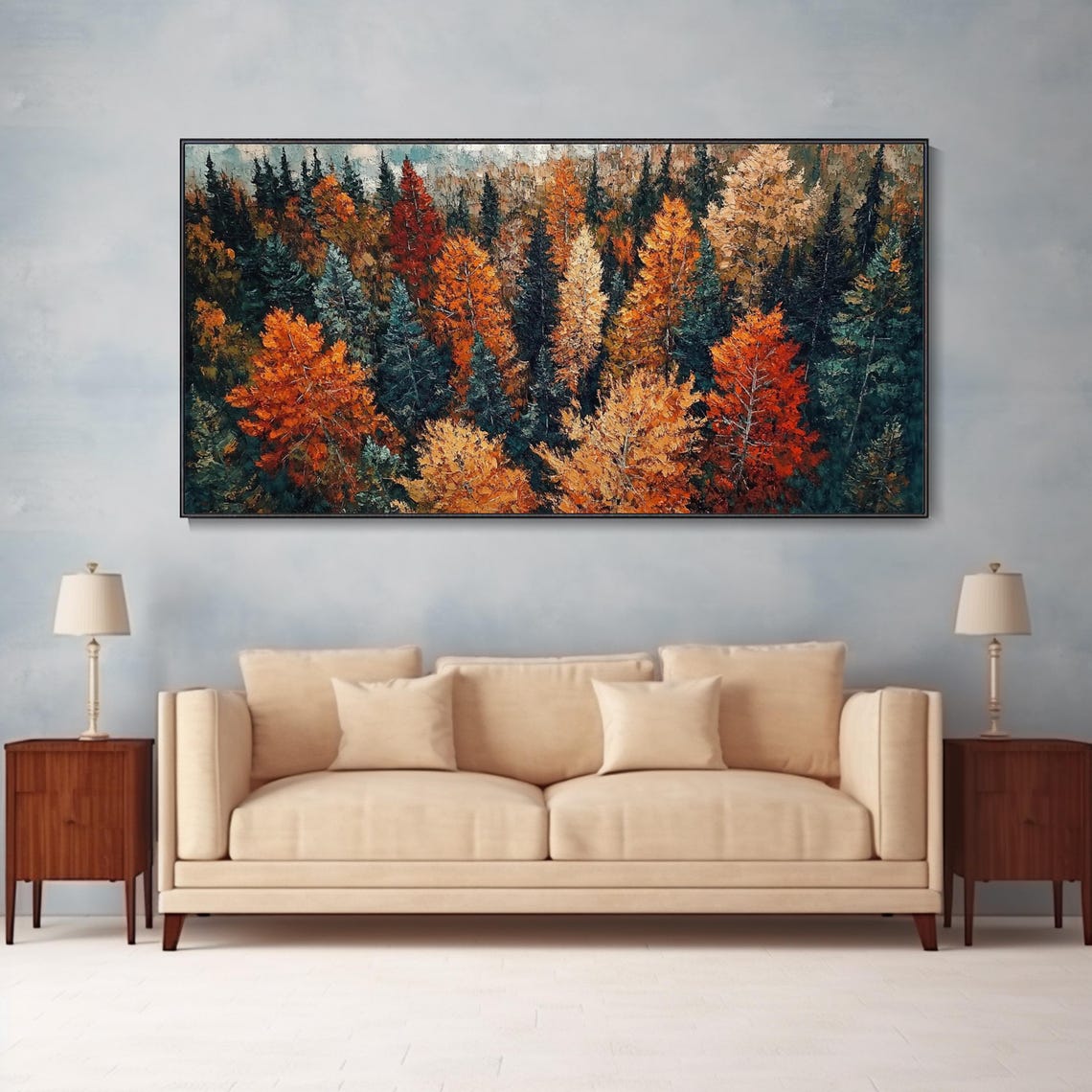 Autumn Forest Canopy Orange Pines Textured Panoramic Oil Poster - Image 2