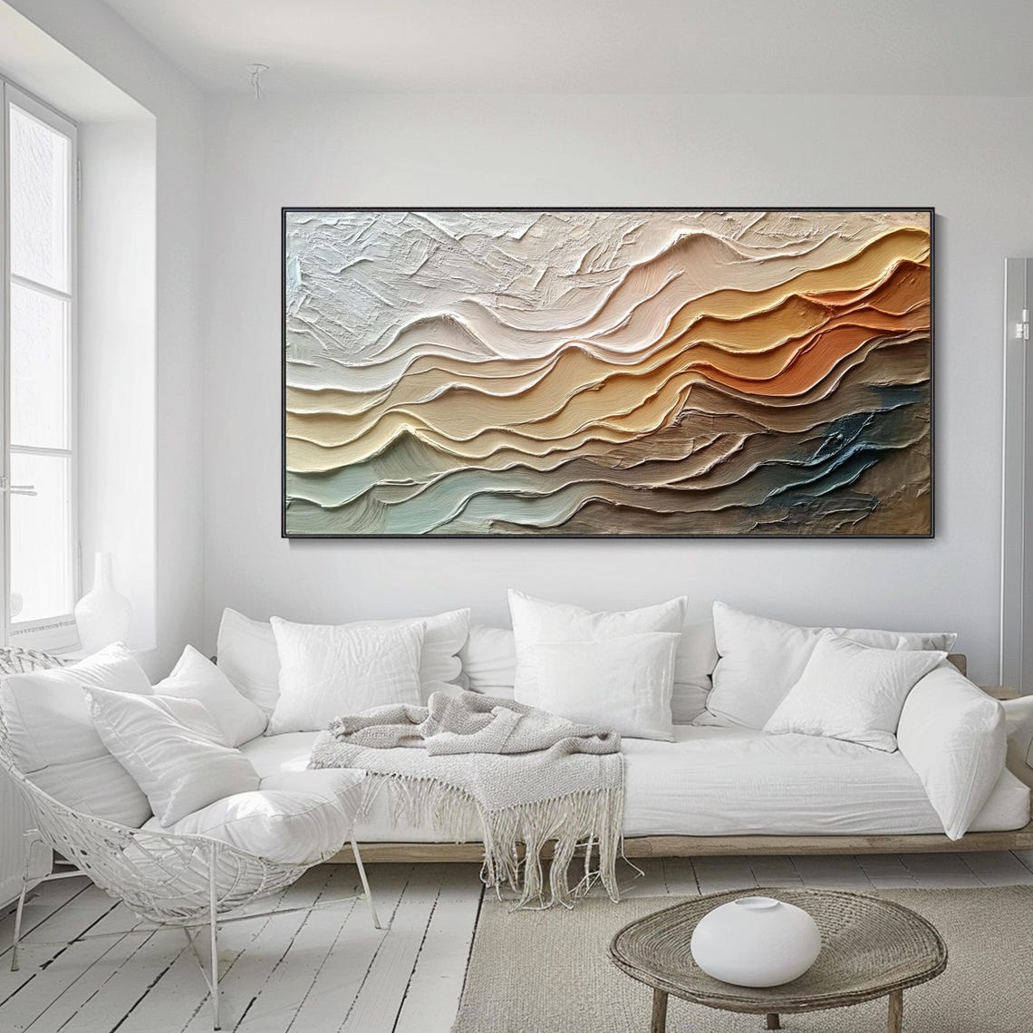Rust Beige Blue Layered Waves Abstract Texture Oil Painting Poster - Image 2