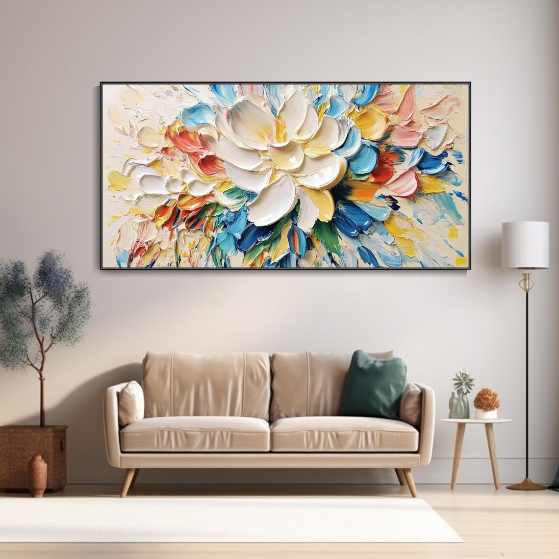 White Peony Abstract Colorful Petals Impasto Oil Painting Poster - Image 3