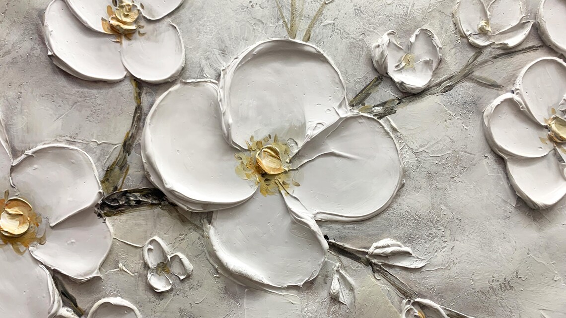 3D Plaster Style White Cherry Blossoms Art Print - Image 2