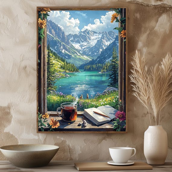 Mountain View Window Art Print Peaceful Nature Poster With Tea And Journal Serene Landscape Wall Decor Cabin Illustration