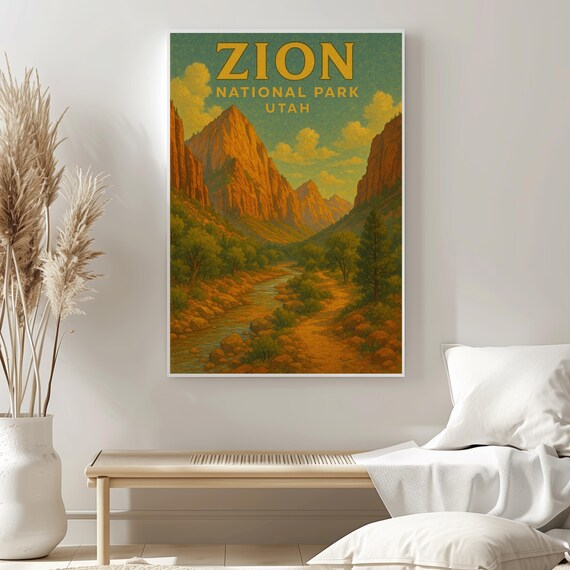 Zion National Park Utah Vintage Canyon Landscape Travel Poster