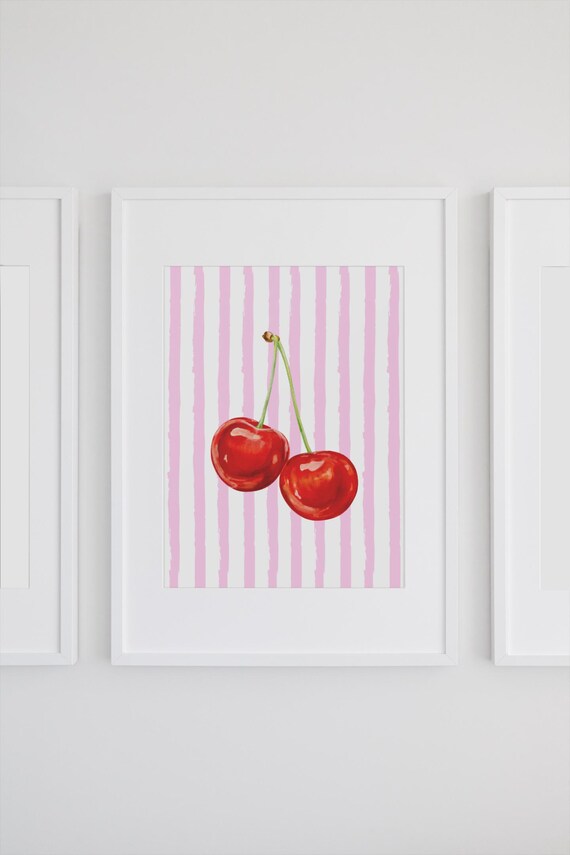 Two Red Cherries Watercolor on Pink Stripes Fruit Kitchen Poster