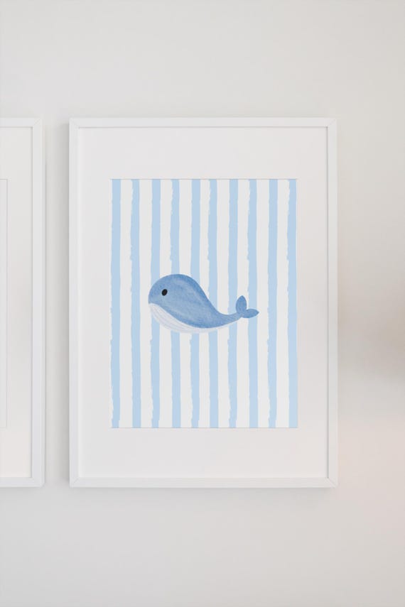 Blue Striped Whale Print Instant Wall Art Trendy Decor Living Room Nursery Childrens Nautical