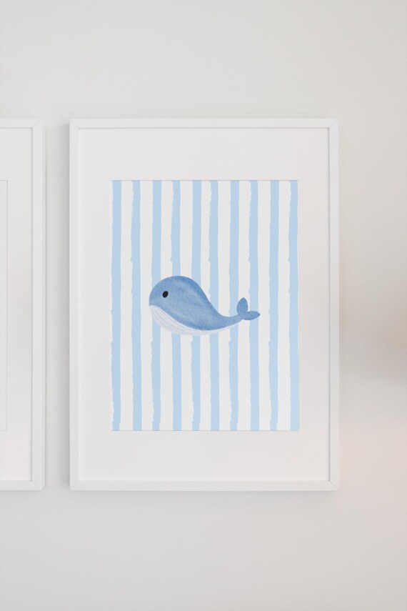 Cute Blue Whale on Striped Background Watercolor Kids Poster