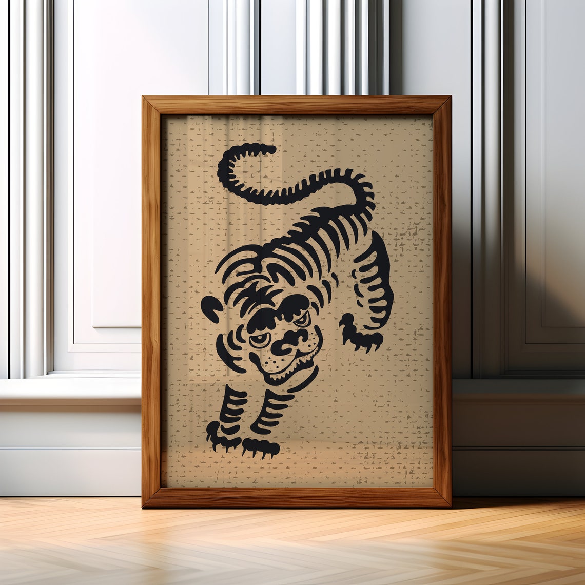 Prowling Bold Tiger Black Silhouette on Beige Textured Art Print