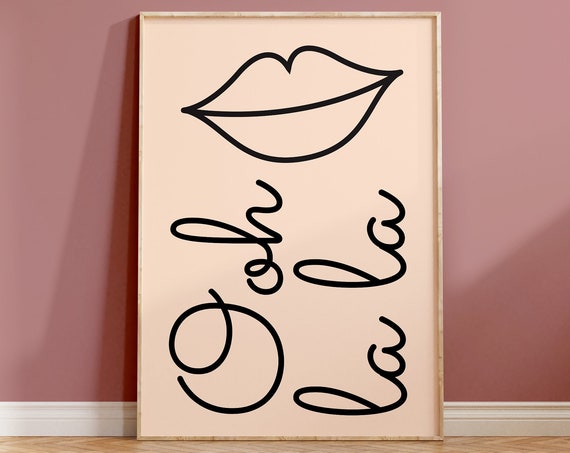 Ohh La La Beige And Black Typography Print Retro Kitchen Hallway Living Room Print French Kisses Lips French Quote Scandi Modern Bold