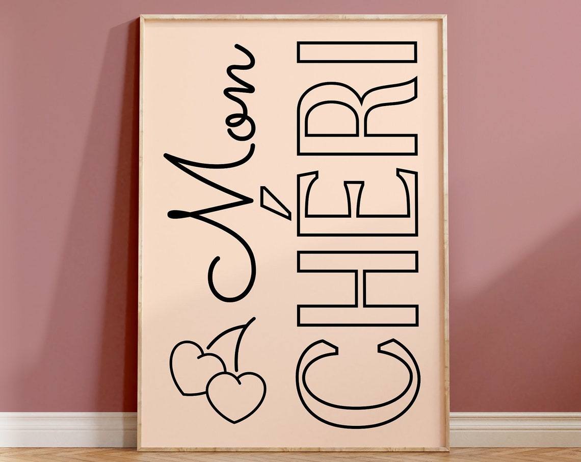 Mon Cheri Retro Kitchen Typography Beige Cherry Minimalist Poster