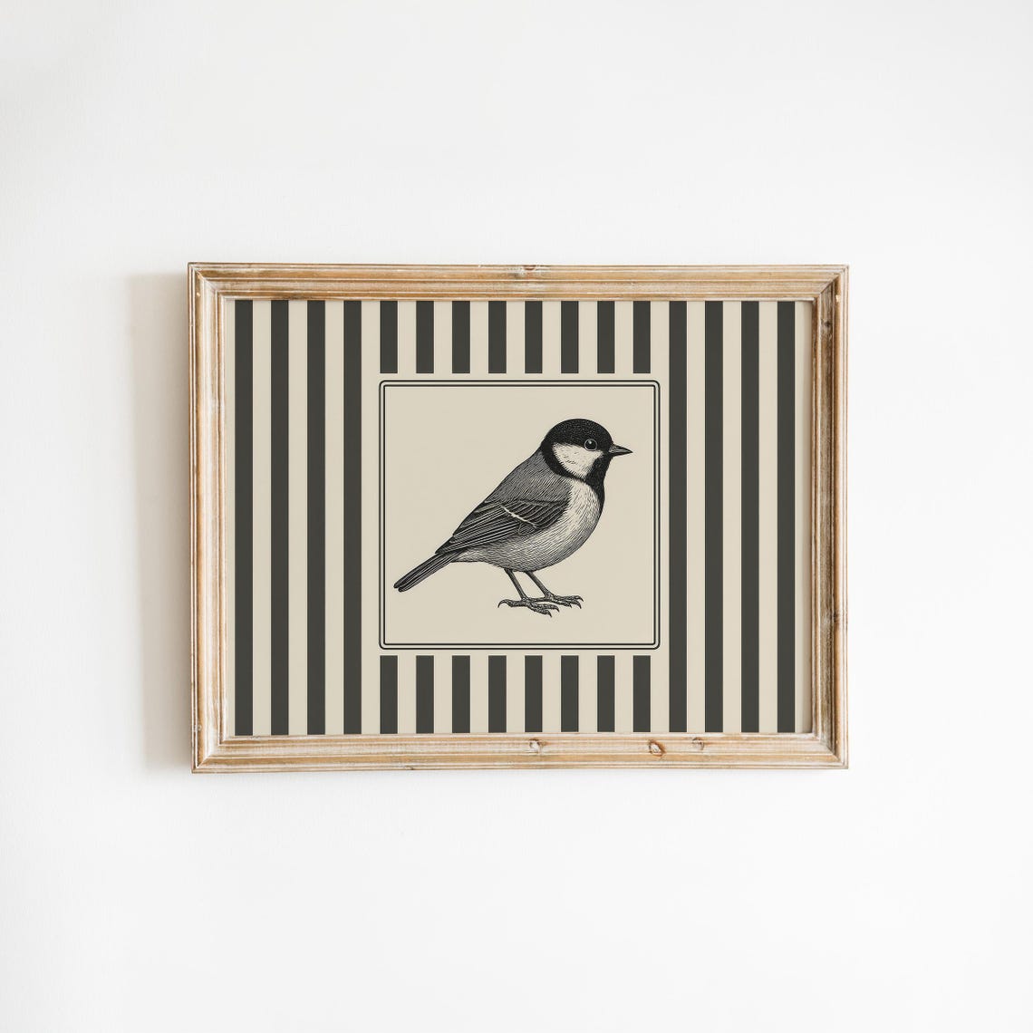 Vintage Chickadee Songbird Engraving Black Cream Striped Wall Poster