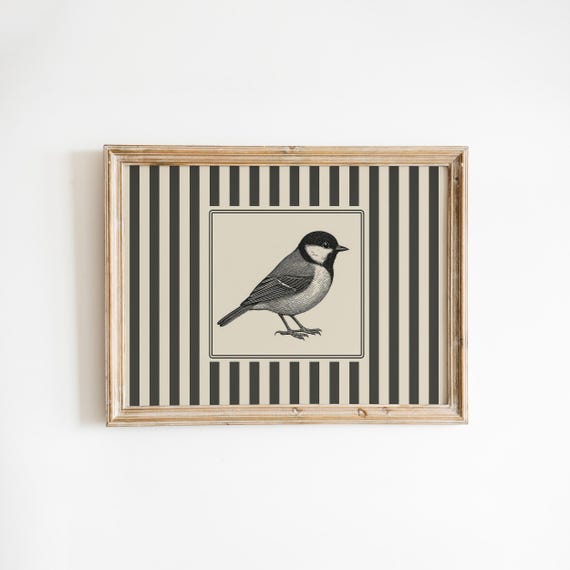 Songbird Wall Art Vintage Bird Illustration With Striped Background