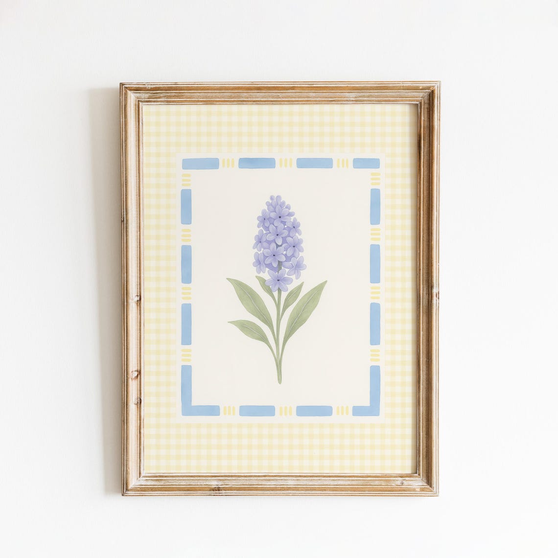 Purple Hyacinth Botanical Print With Blue Gingham Border Style