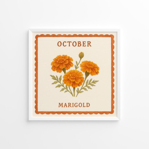 October Marigold Orange Watercolor Birth Flower Botanical Poster