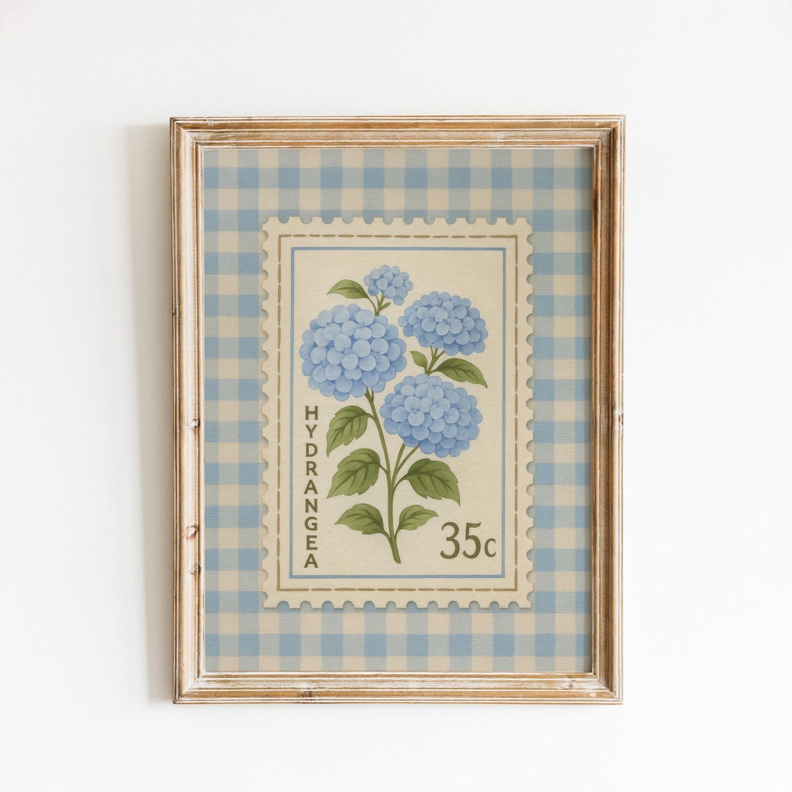 Blue Hydrangea 35c Postage Stamp Blue Gingham Vintage Poster
