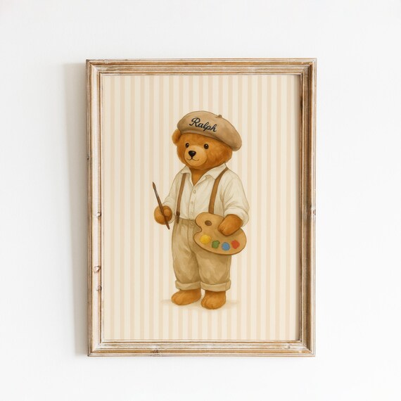 Ralph The Bear Artist Teddy Print With Beret And Paint Palette Nursery