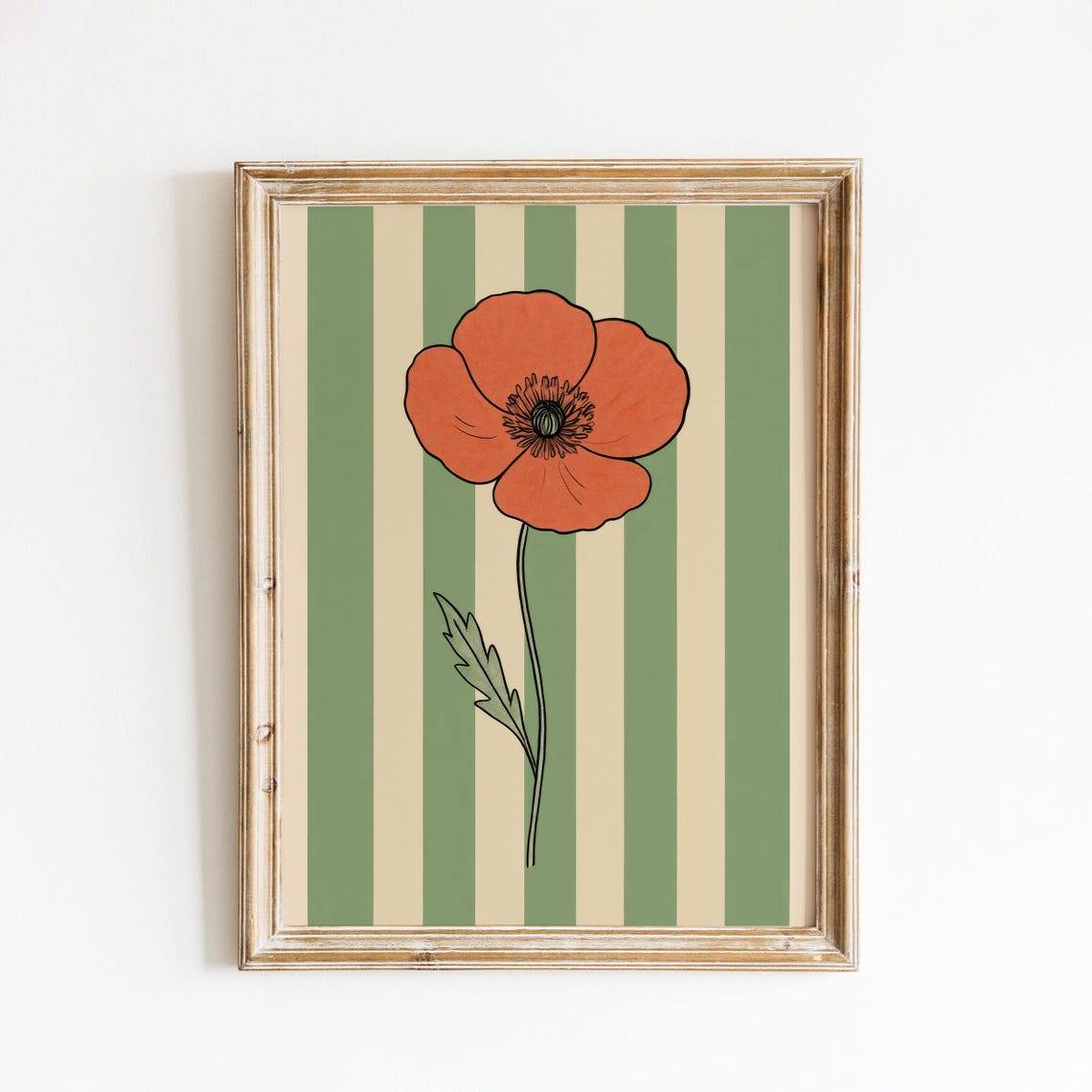 Red Poppy Bold Vintage Floral Poster Striped Green Kitchen Decor