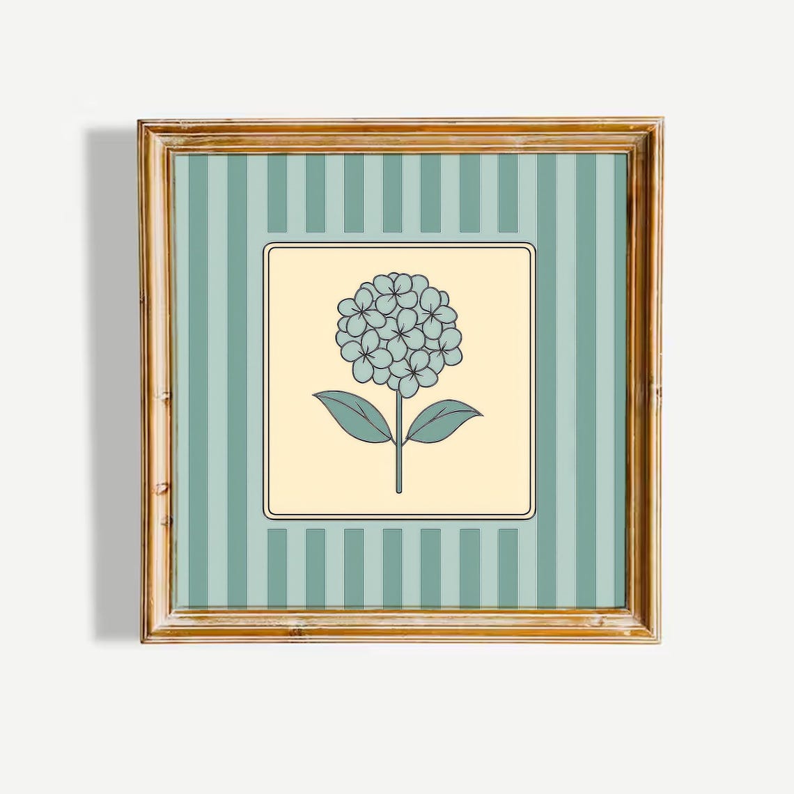 Blue Hydrangea Vintage Floral Poster Soft Green Striped Background