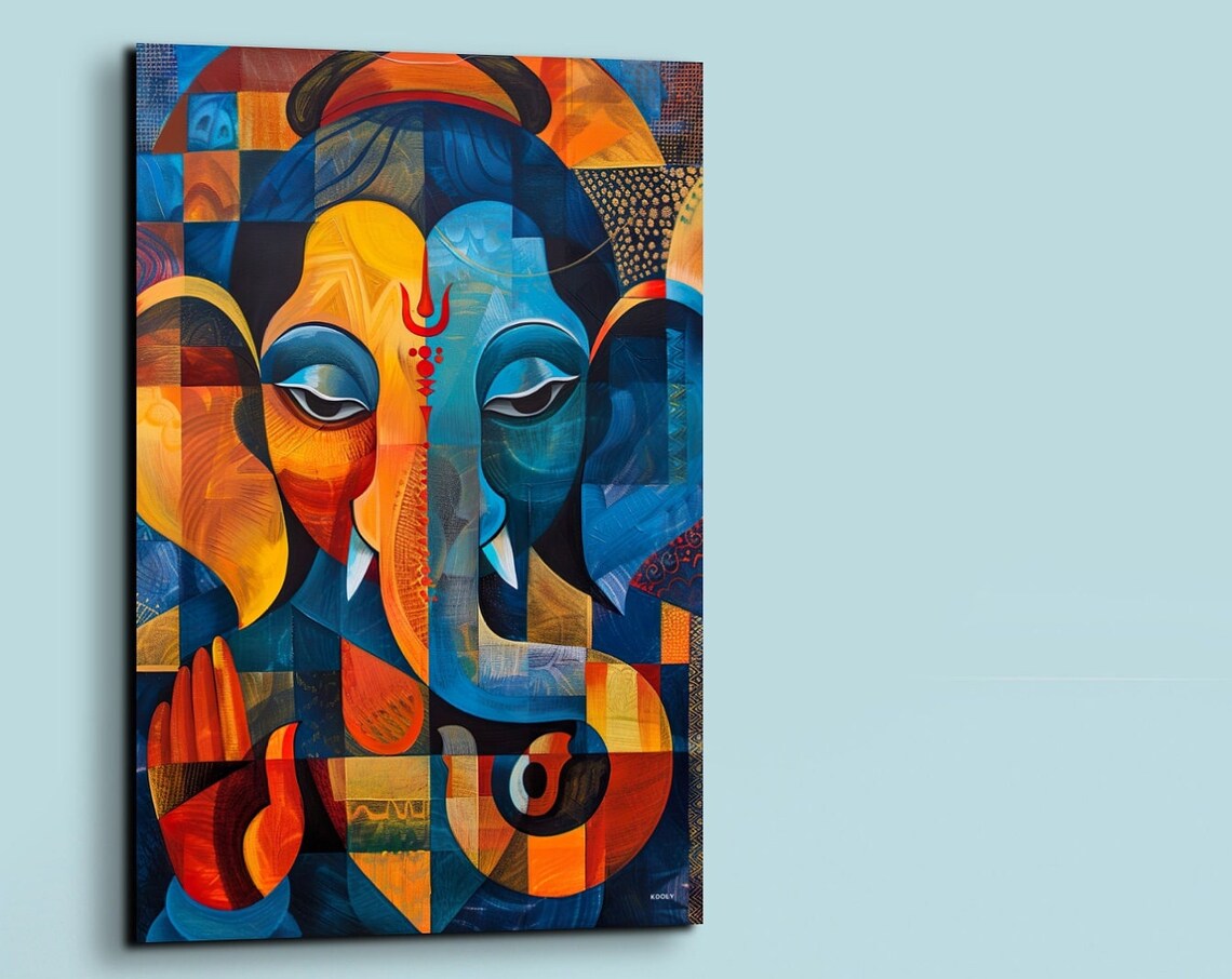 Geometric Cubist Ganesha Portrait in Bold Blue and Orange Wall Art