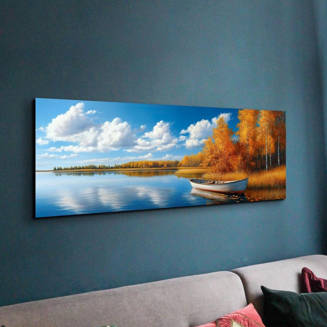 White Boat Drifting on Mirror Calm Autumn Lake Panoramic Poster