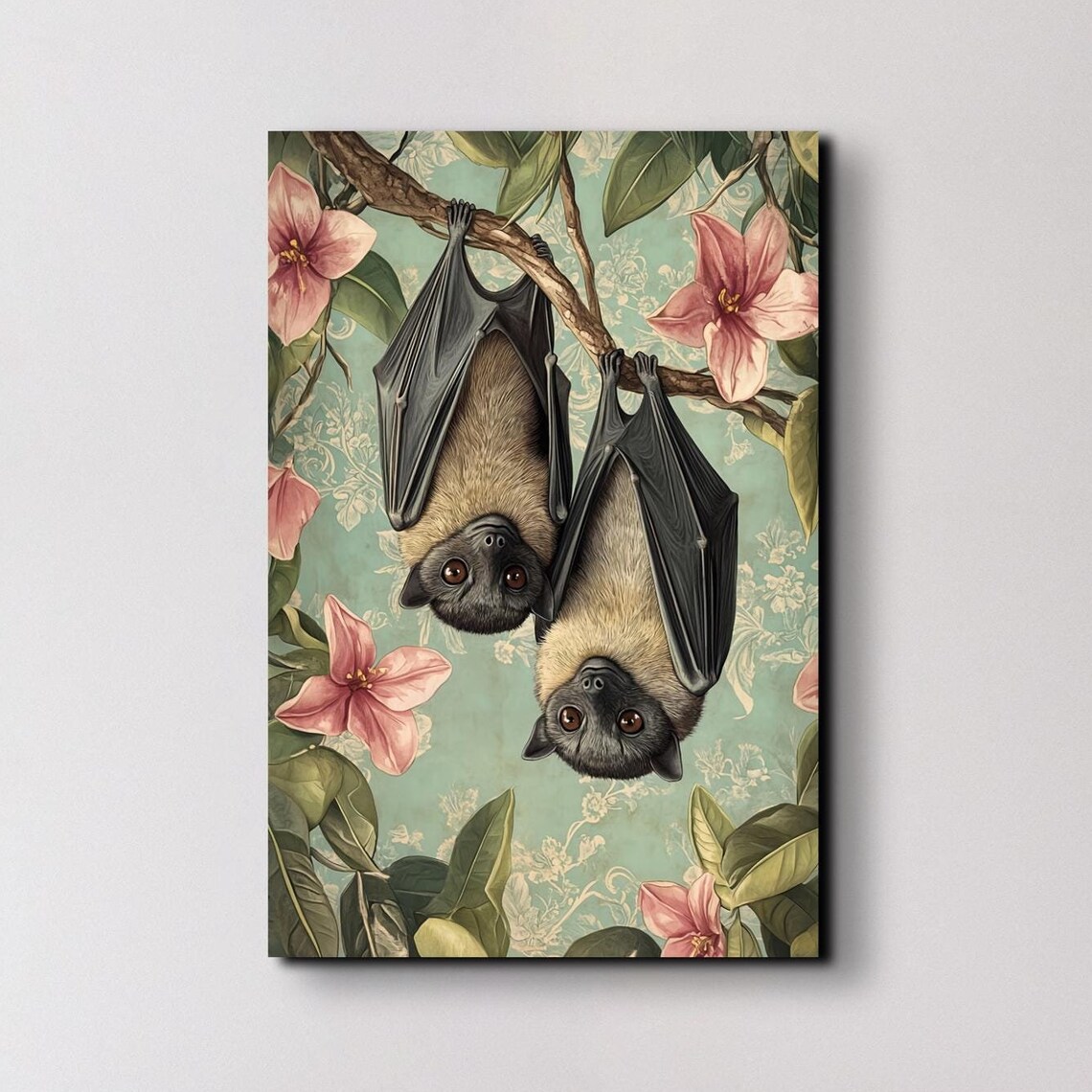 Two Bats Hanging On A Flowering Branch Vintage Botanical Illustration Poster