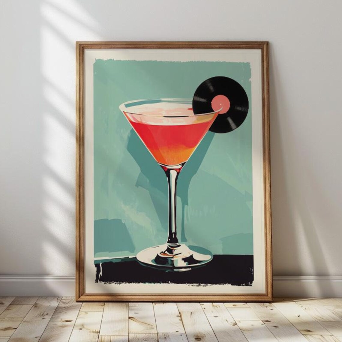 Retro Cool Cocktail Glass With Vinyl Record Music Bar Art Poster