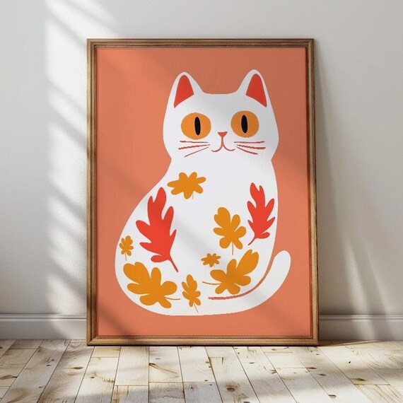 White Cat Silhouette With Autumn Leaves Terracotta Art Poster