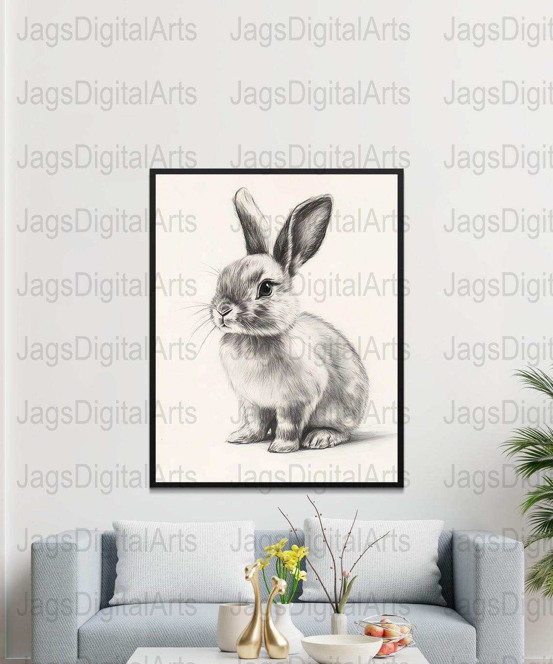 Vintage Rabbit Pencil Sketch Bunny Sepia Nursery Animal Art Poster - Image 6