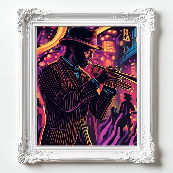 Neon Jazz Trumpeter Fedora Nightclub Retro Music Scene Art Poster