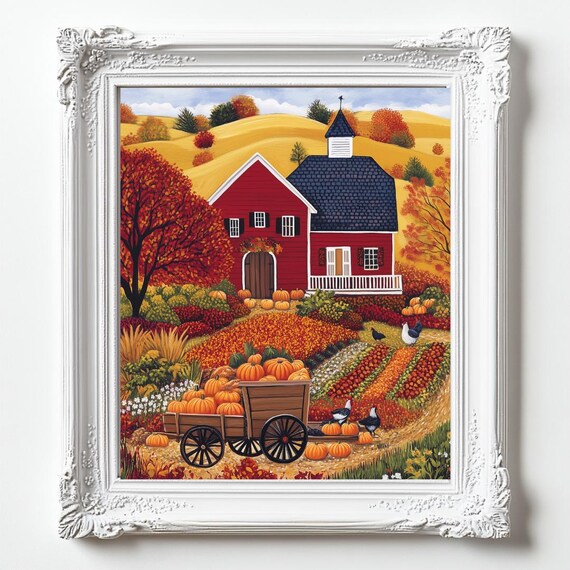 Fall Harvest Folk Art Red Barn Pumpkins Wagon Country Scene Poster