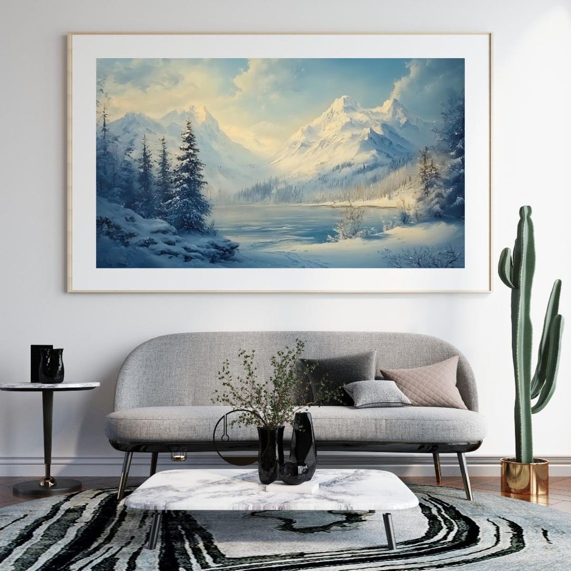 Winter Snowy Mountain Lake Pine Forest Blue Landscape Painting Poster