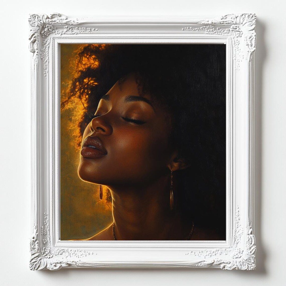 Moody Oil Portrait Black Woman Golden Light Dark Background Art Poster