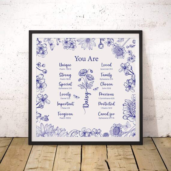 You Are Scripture Blue Floral Personalized Name Christian Poster