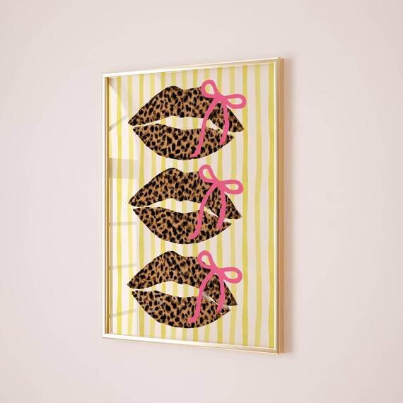 Leopard Kiss Lips Wall Art Kisses Retro Coquette Printtrendy Artpink Bows Decordigital Printsfunky