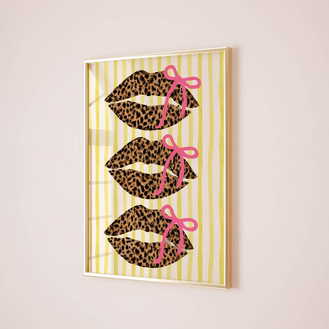 Leopard Lips Pink Bows Yellow Stripe Coquette Girl Decor Poster
