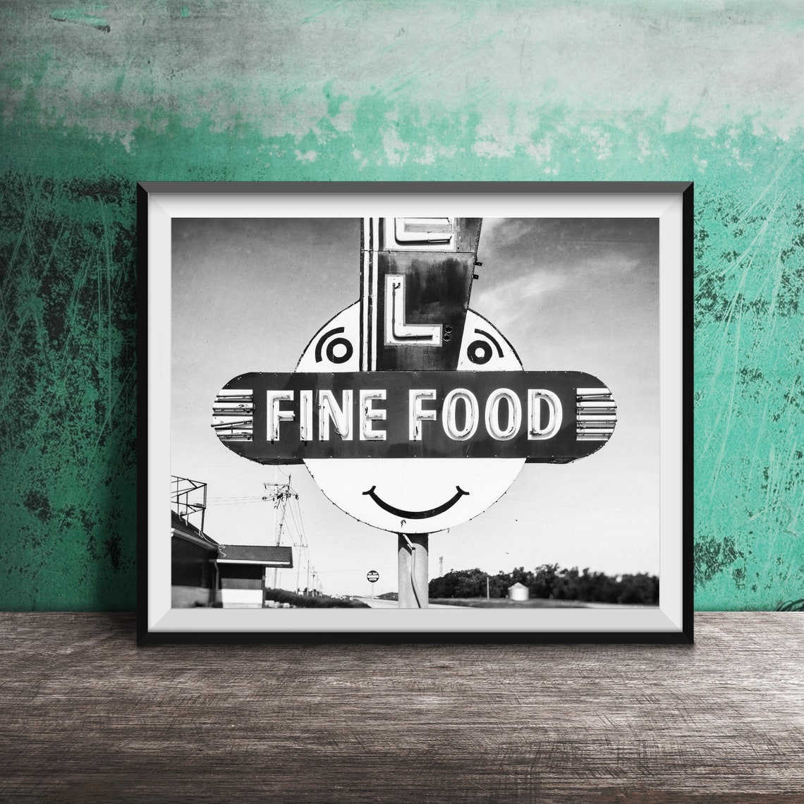 Fine Food Smiley Face Roadside Neon Sign Retro Photography Poster - Image 2