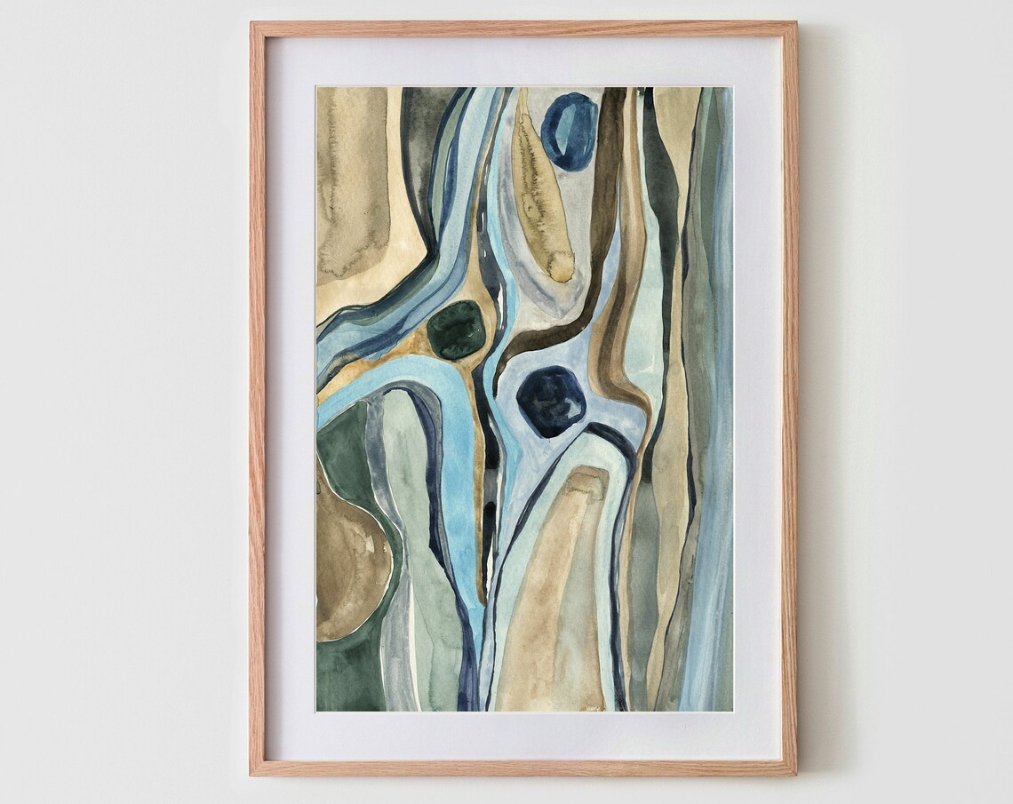 Abstract Flowing Blue Tan Olive Watercolor Organic Lines Print