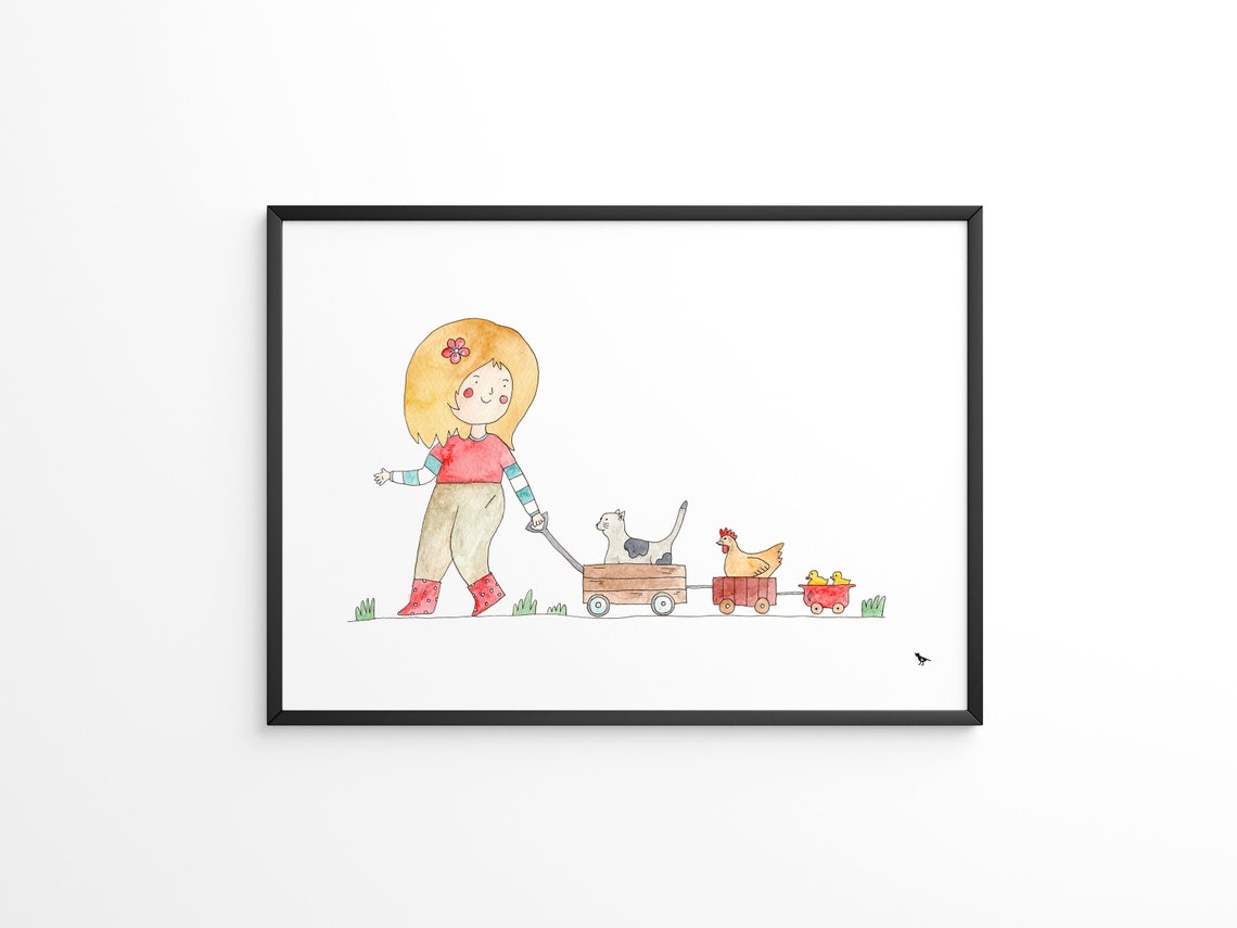 Girl Pulling Wagon With Cat Chicken and Ducklings Cute Farm Art Poster