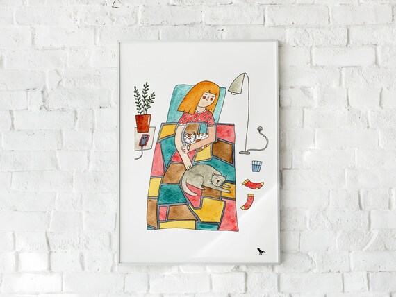 Girl Reading in Bed With Two Cats Colorful Quilt Cozy Cat Lover Art Poster