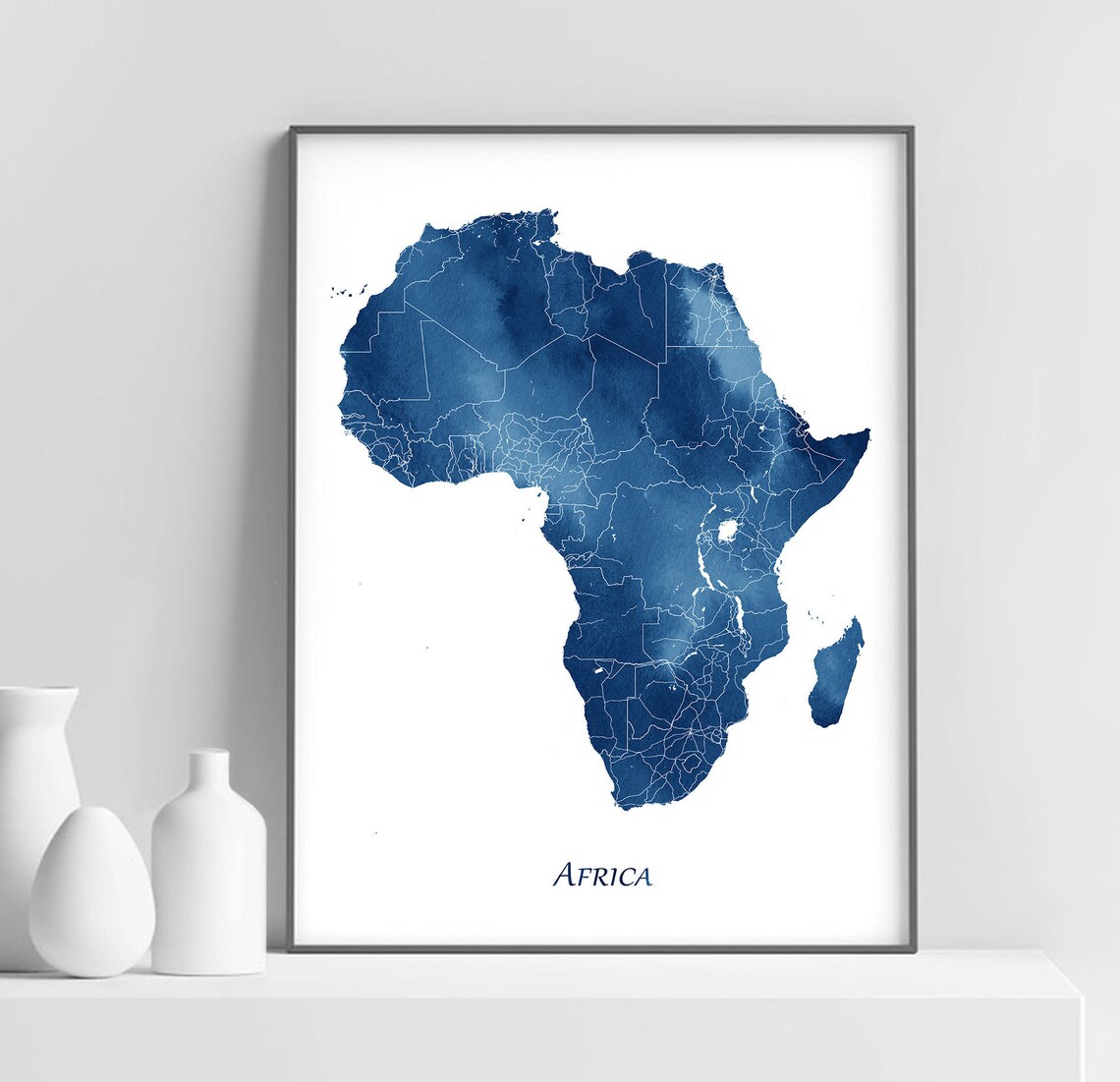 Africa Map Art Print, Blue Watercolor Travel Poster