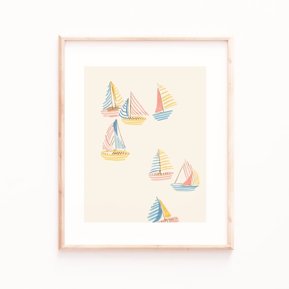 Striped Sailboats Art Print, Neutral Nautical Decor