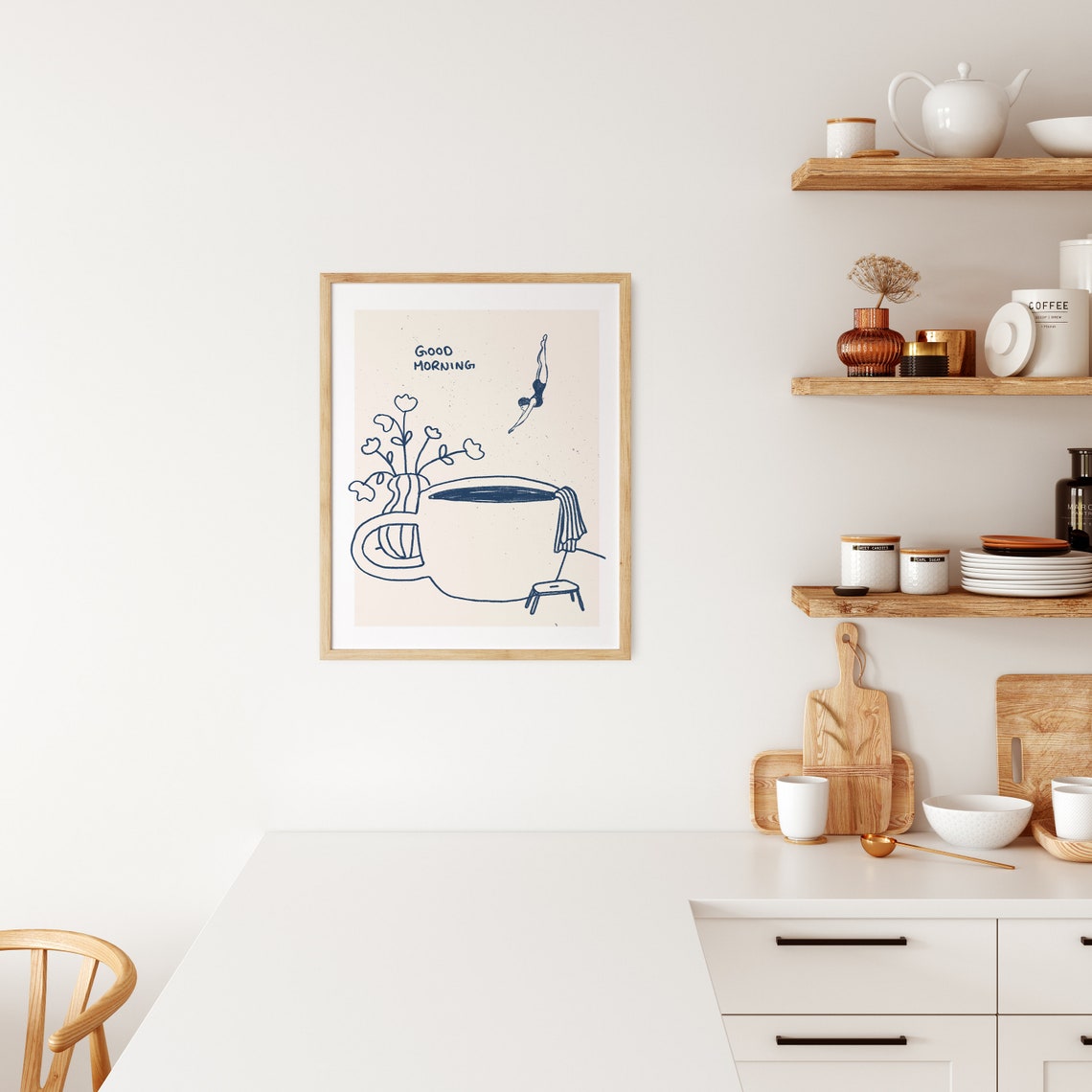 Good Morning Diver Into Coffee Cup Blue Line Drawing Kitchen Wall Art - Image 3