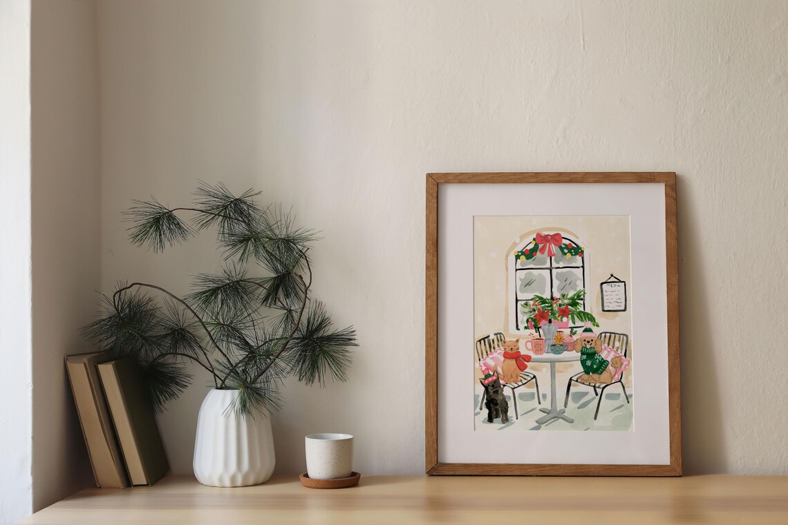 Christmas Cafe Art Print, Festive Cats Dogs Holiday Table - Image 3