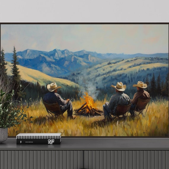 Cowboy Wall Art Western Campfire Mountain View Print Cozy Country Ranch Decor For Living Room Or Man Cave