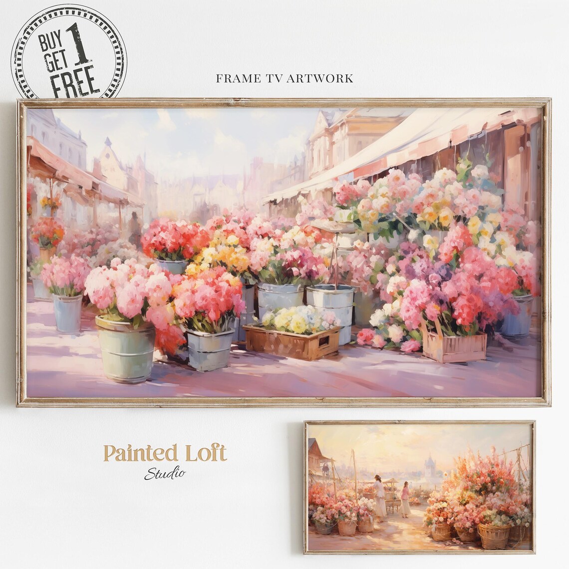 Flower Market Watercolor Pink Blossom Buckets Spring Scene Wall Art