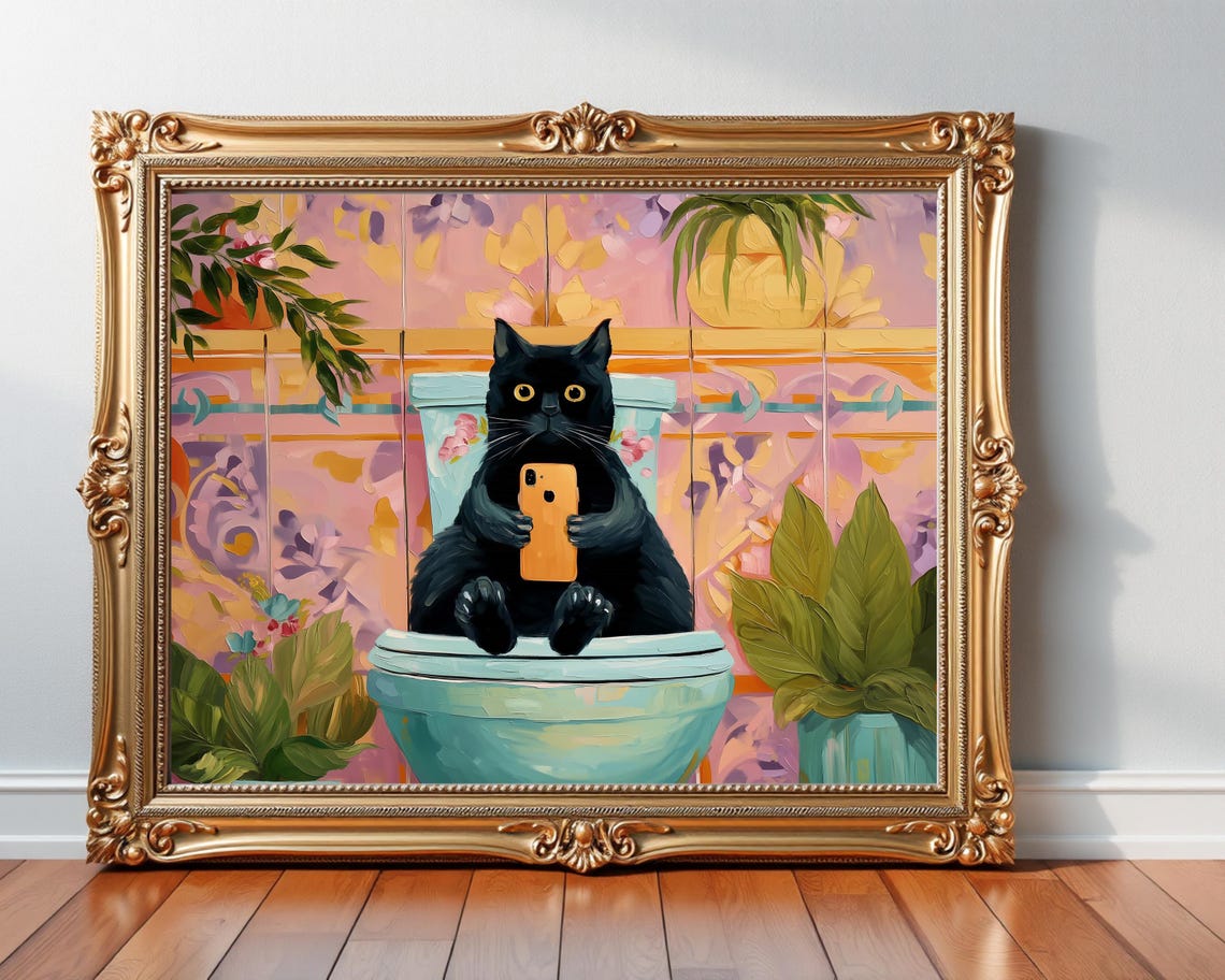 Black Cat On Toilet Holding Phone Funny Bathroom Painting Poster
