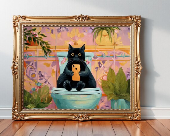 Black Cat On Toilet Holding Phone Funny Bathroom Painting Poster