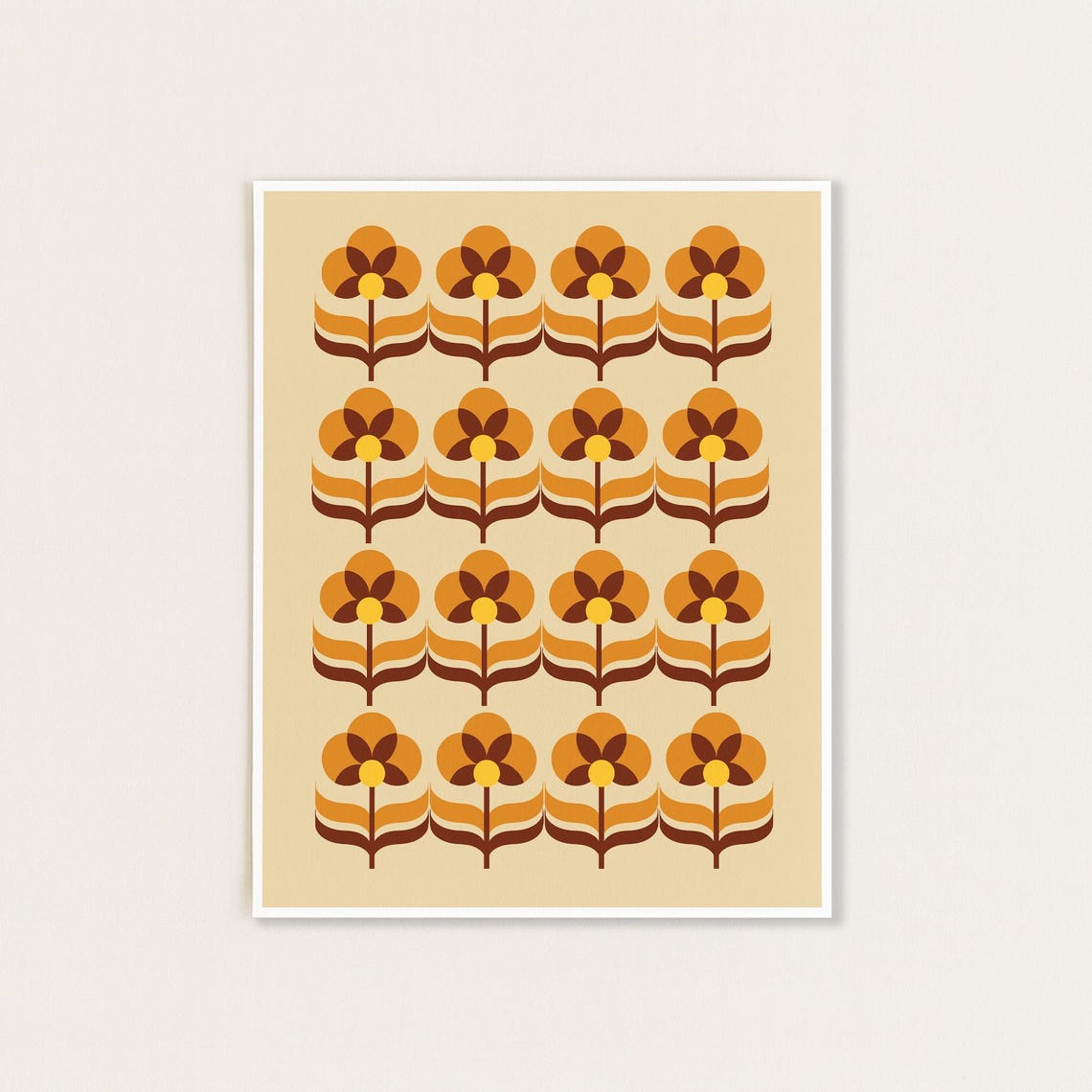 Retro 70s Flower Grid Repeating Orange Brown Botanical Art Print