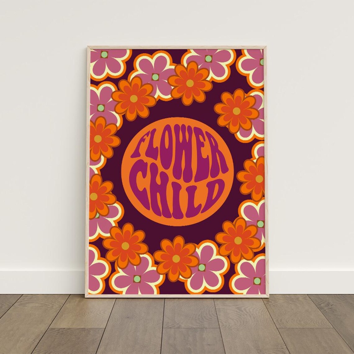 Purple Flower Child Retro 70s Floral Hippie Typography Art Poster