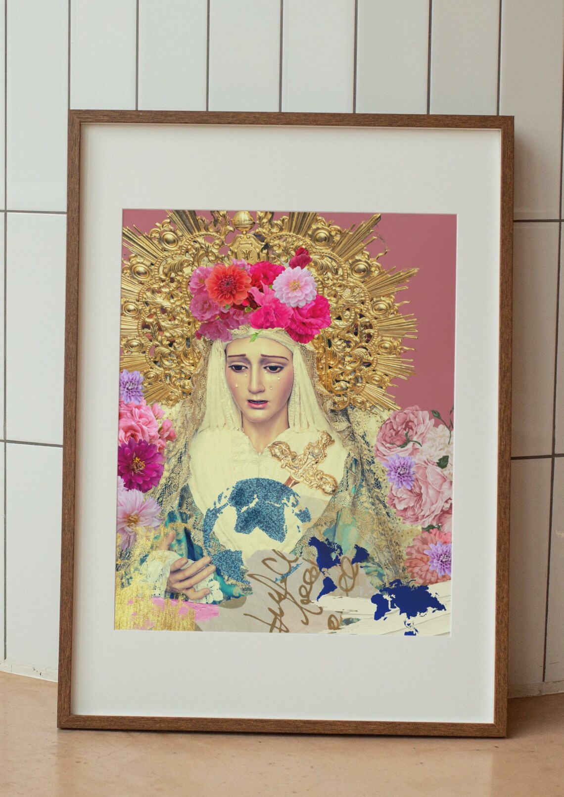 Weeping Virgin Mary Floral Catholic Iconography Art Wall Poster - Image 2