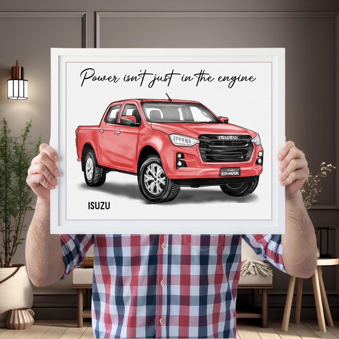 Red Isuzu D-Max Pickup Truck Watercolor Style Custom Car Poster