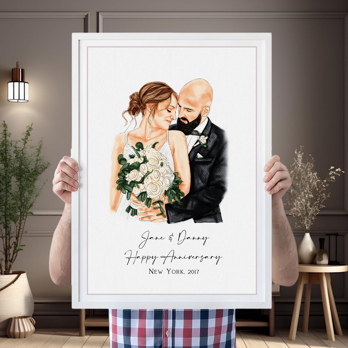 Personalized Watercolor Wedding Portrait Happy Anniversary Poster